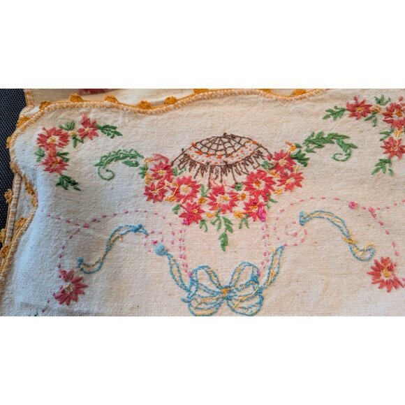 Vintage Hand-Embroidered Muslin Table Runner Floral  Bow Design Scalloped Edge - Picture 5 of 7